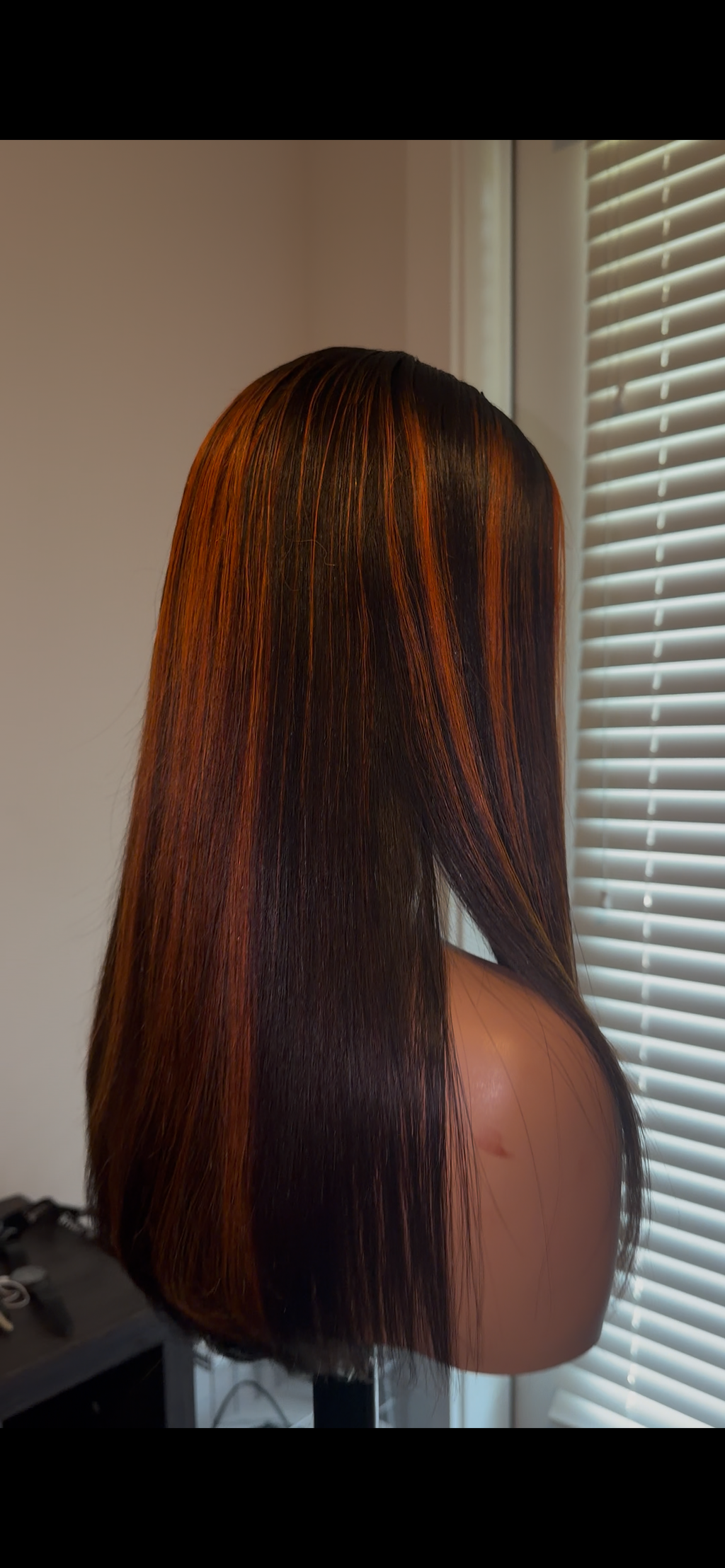 Orange red and black straight glueless wig