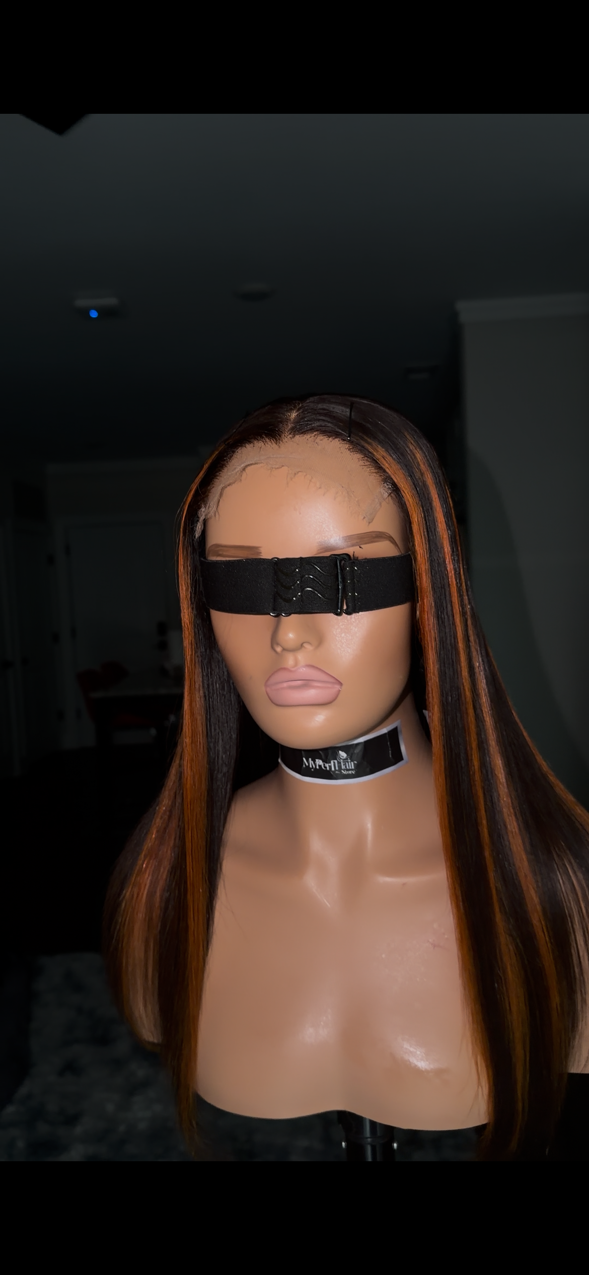 Orange red and black straight glueless wig