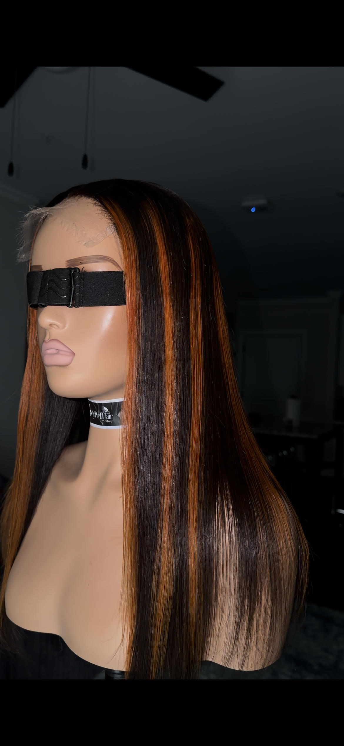 Orange red and black straight glueless wig