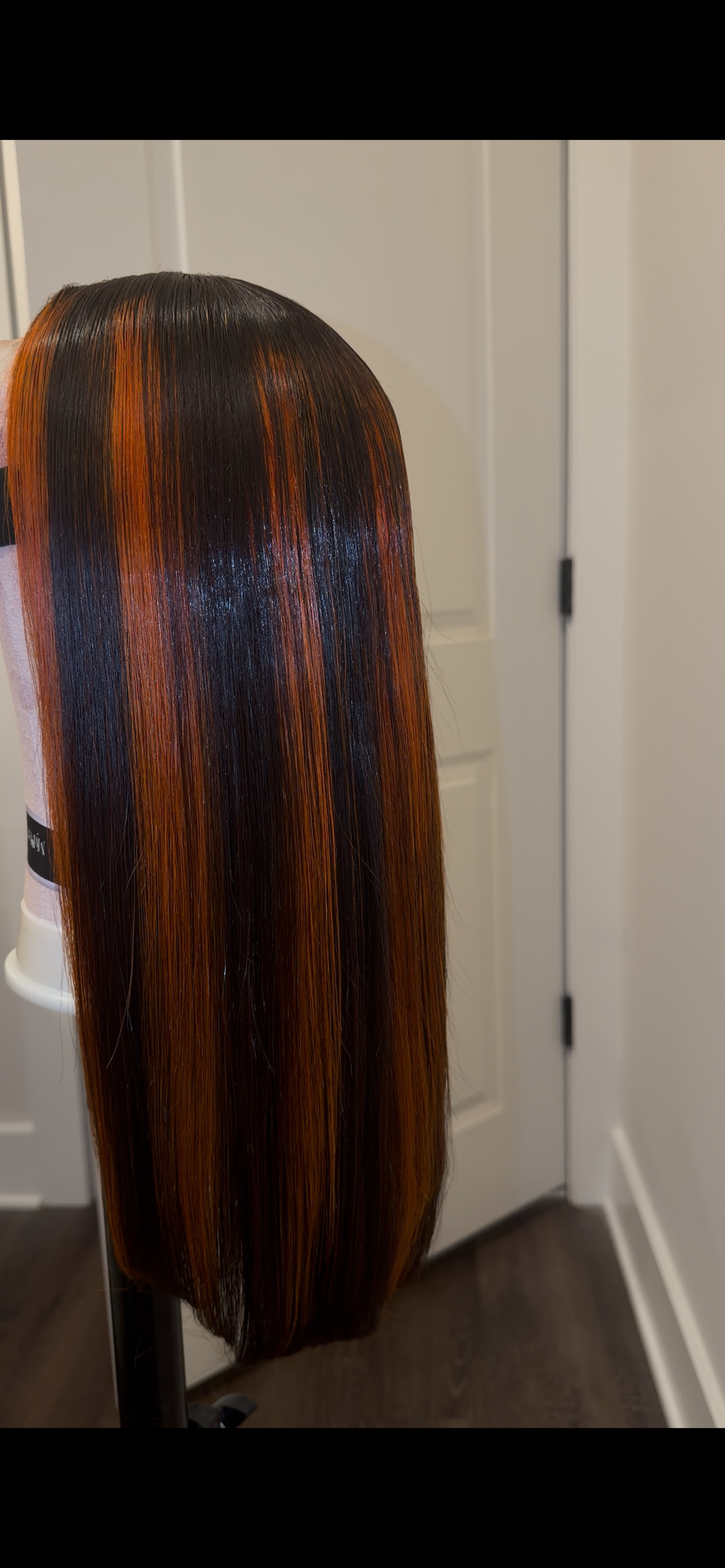 Orange red and black straight glueless wig
