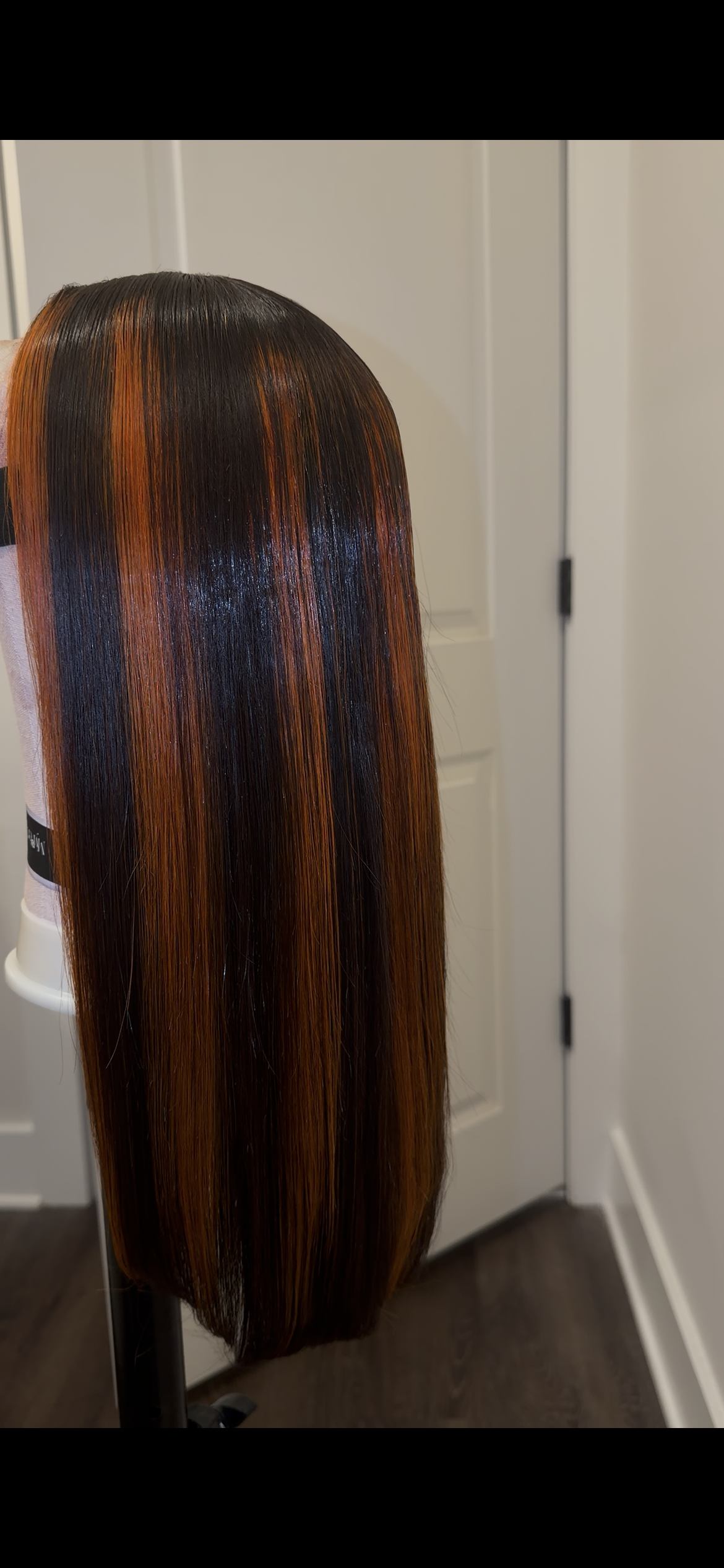 Orange red and black straight glueless wig