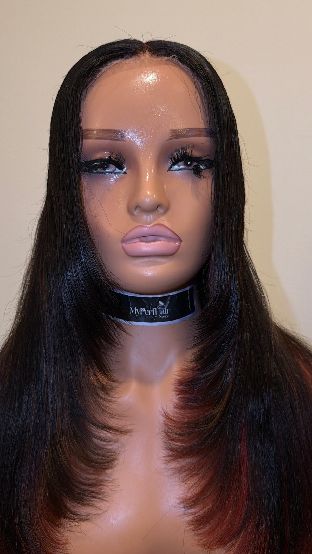 Natural black and red glueless wig